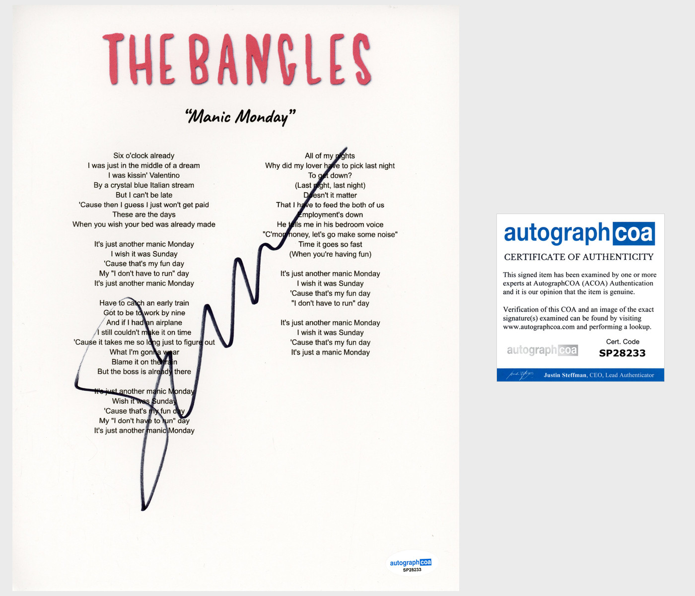Susanna Hoffs 'The Bangles' Signed Lyric Sheet 'Manic Monday' ACOA