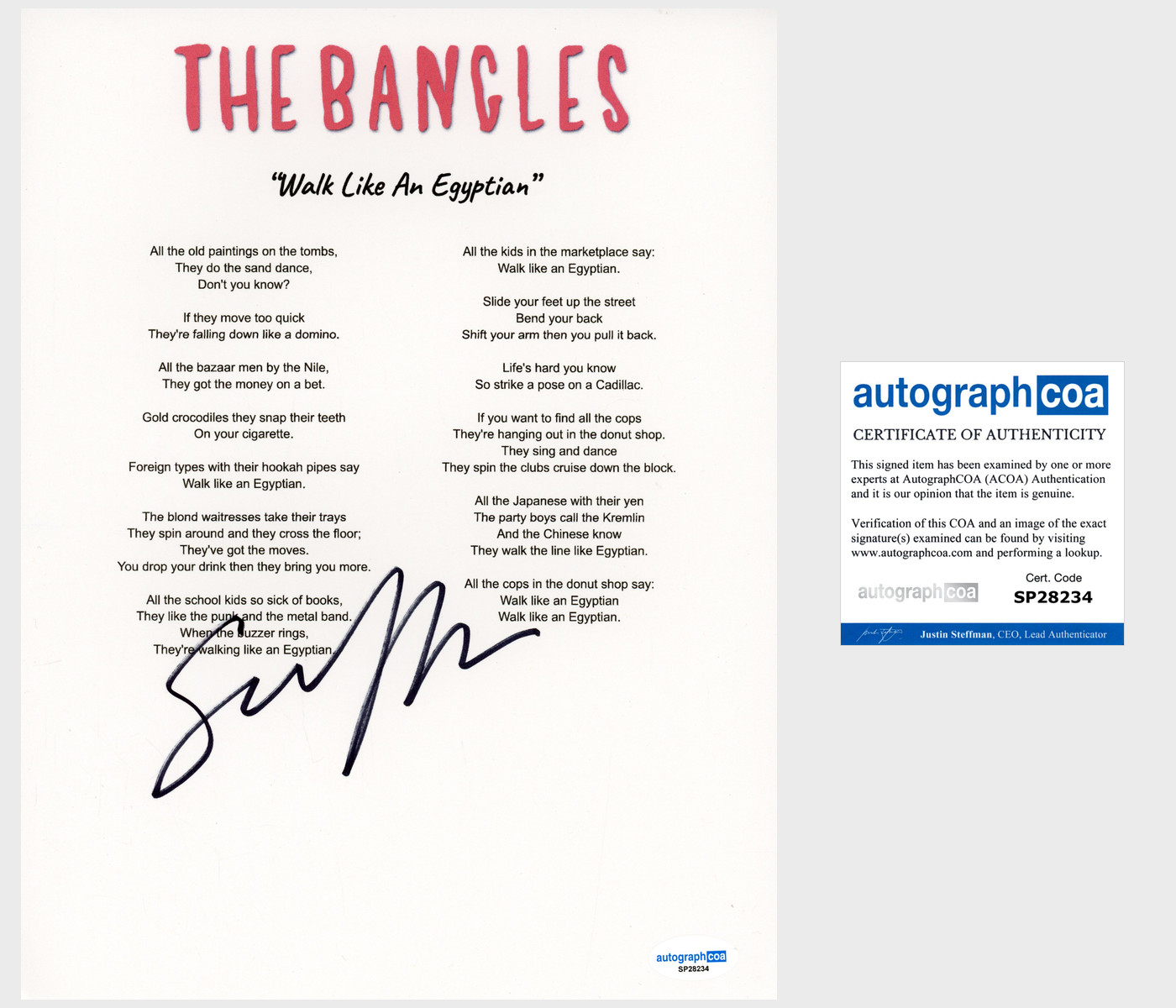 Susanna Hoffs 'The Bangles' Signed Lyric Sheet 'Walk Like An Egyptian' ACOA