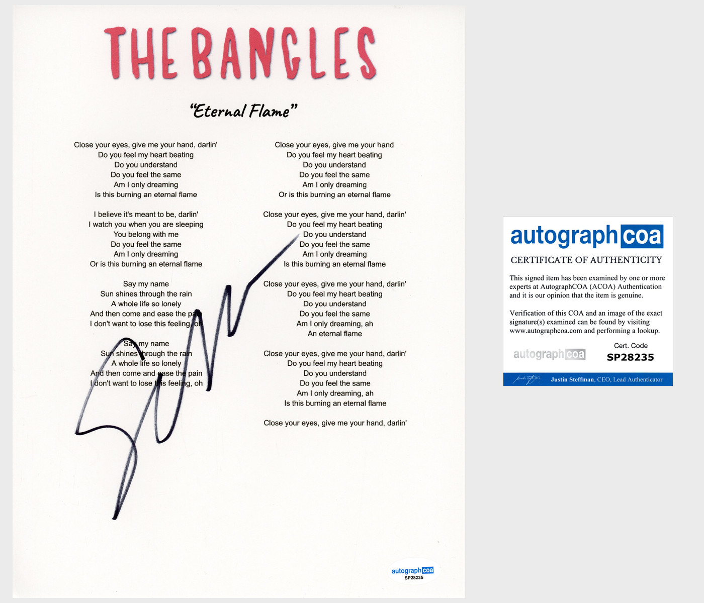 Susanna Hoffs 'The Bangles' Signed Lyric Sheet 'Eternal Flame' ACOA