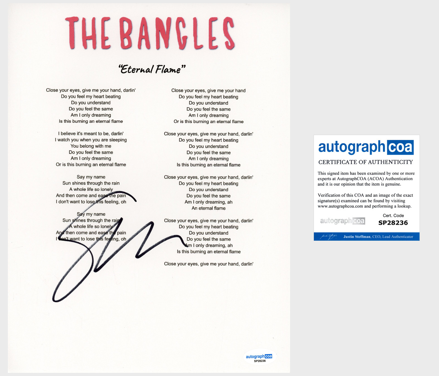Susanna Hoffs 'The Bangles' Signed Lyric Sheet 'Eternal Flame' ACOA