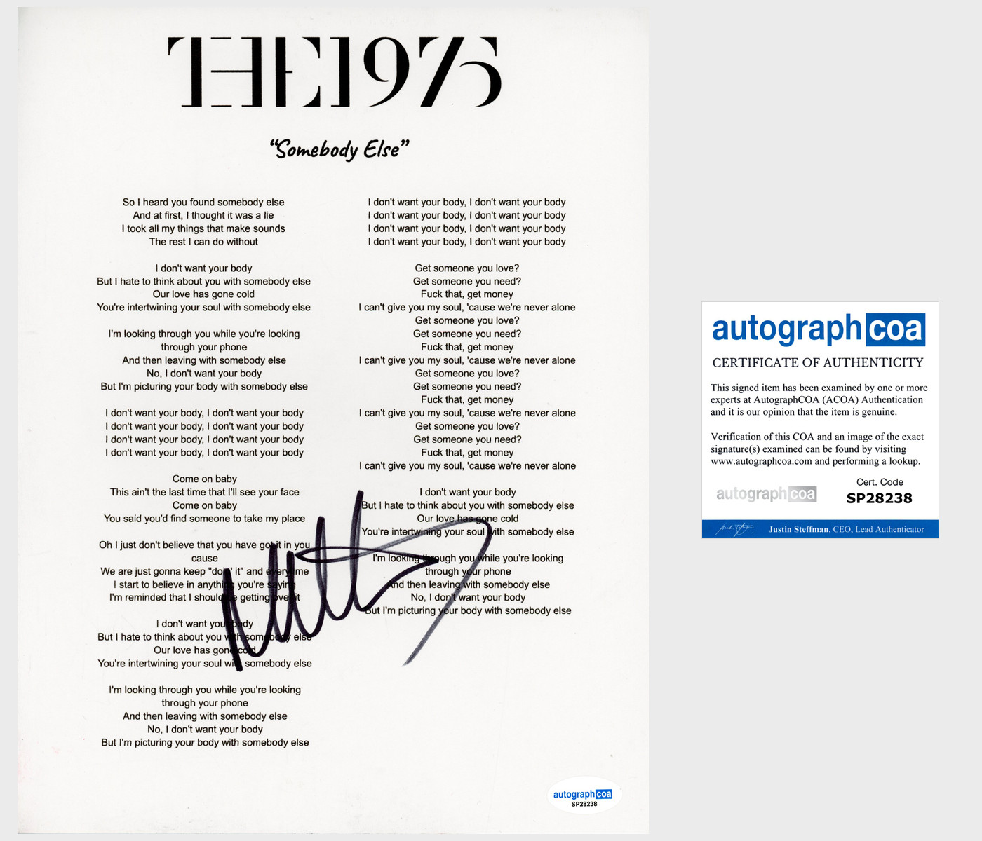 Matt Healy 'The 1975' Band Signed Lyric Sheet 'Somebody Else' ACOA