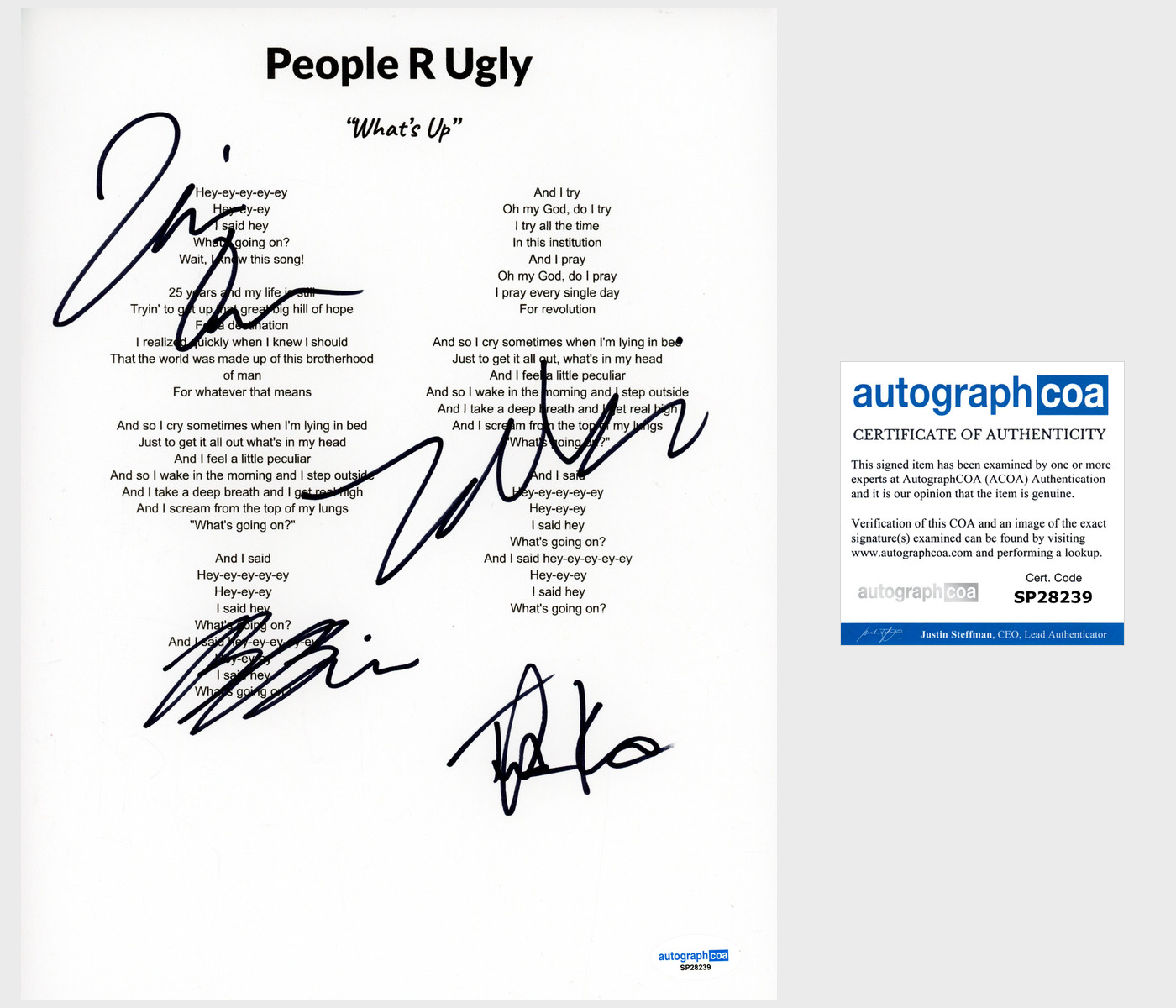 'People R Ugly' Full Band Signed Lyric Sheet 'Zak, Bill, Julian, Tristan' ACOA