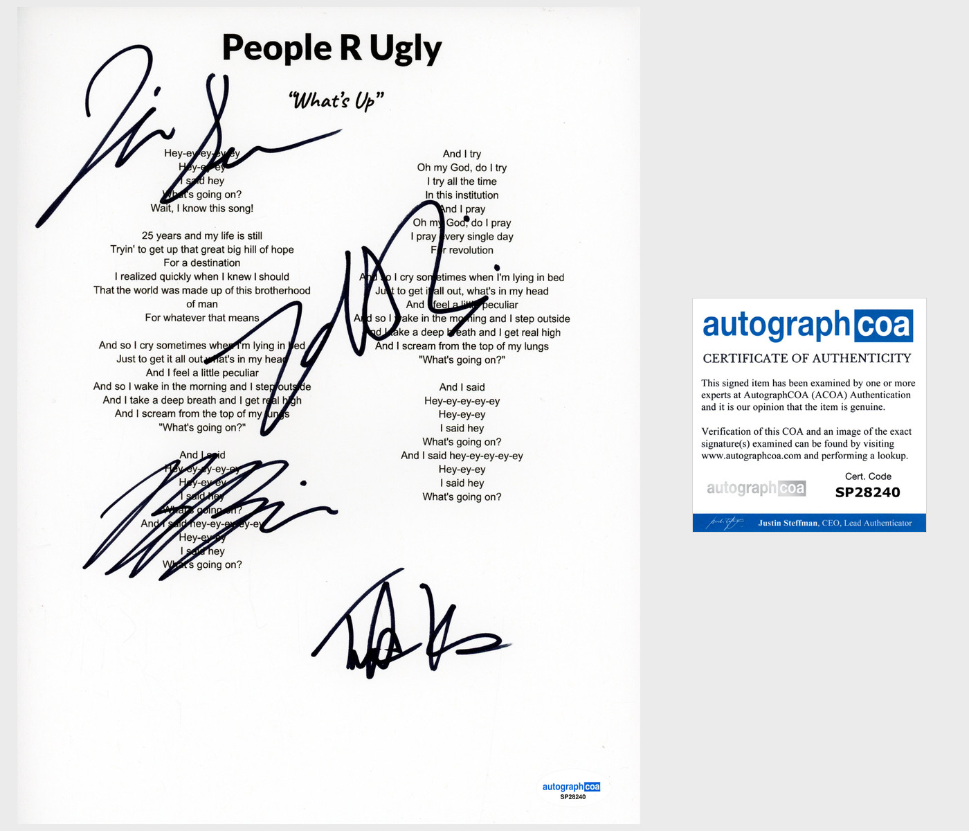 'People R Ugly' Full Band Signed Lyric Sheet 'Zak, Bill, Julian, Tristan' ACOA