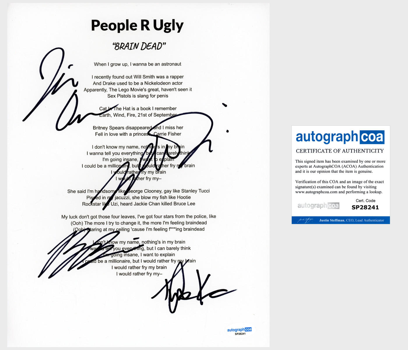'People R Ugly' Full Band Signed Lyric Sheet 'Zak, Bill, Julian, Tristan' ACOA