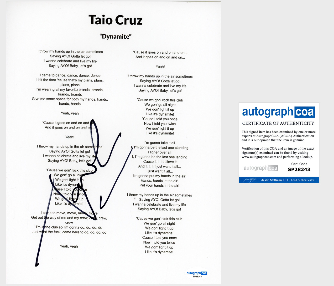 'Taio Cruz' Signed Lyric Sheet 'Dynamite' Autograph ACOA