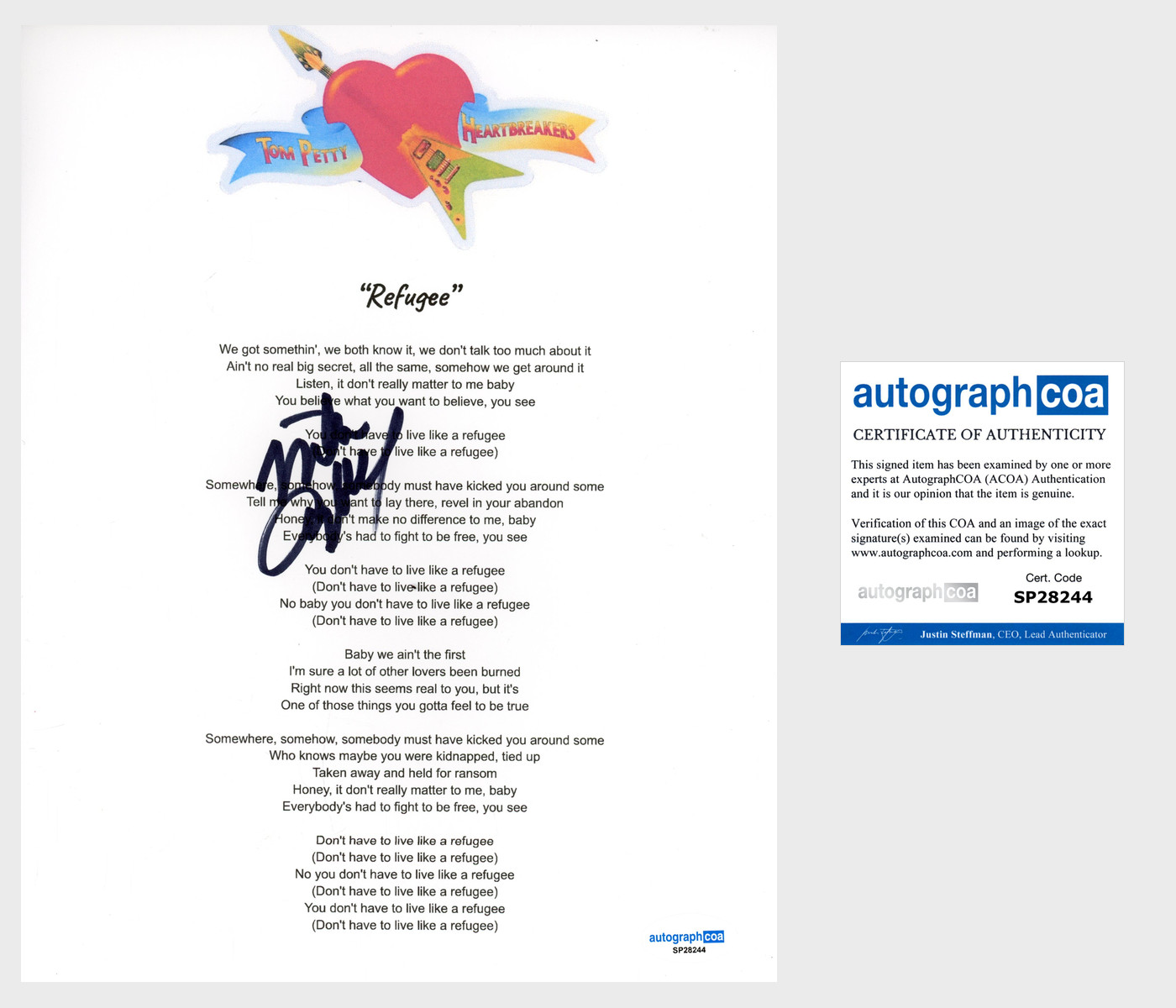 Mike Campbell 'Tom Petty And The Heartbreakers' Signed Lyric Sheet Refugee ACOA