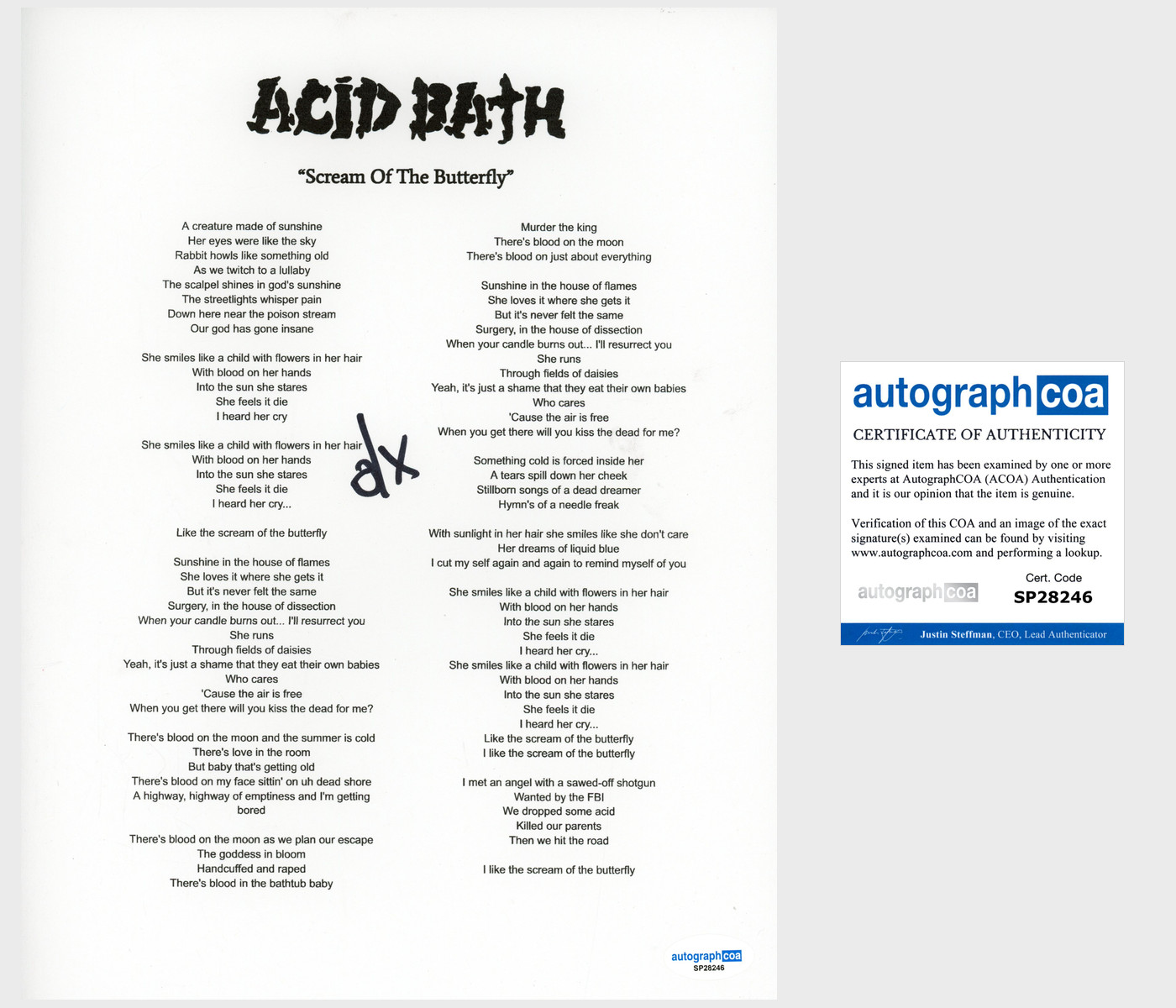 Dax Riggs 'Acid Bath' Band Signed Lyric Sheet 'Scream Of The Butterfly' ACOA