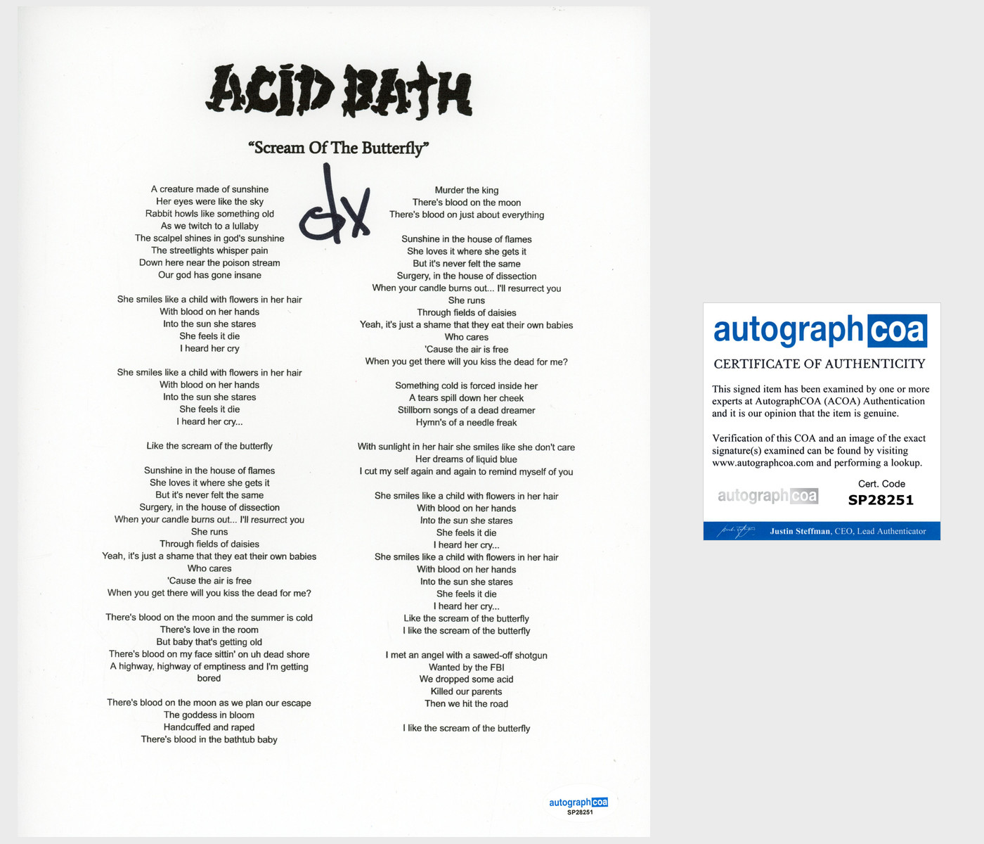 Dax Riggs 'Acid Bath' Band Signed Lyric Sheet 'Scream Of The Butterfly' ACOA