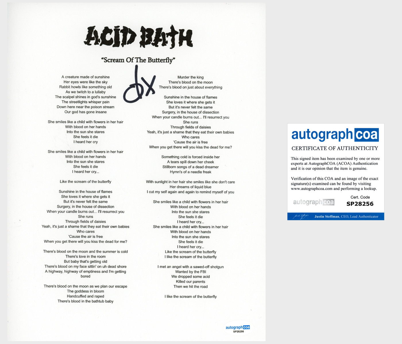 Dax Riggs 'Acid Bath' Band Signed Lyric Sheet 'Scream Of The Butterfly' ACOA