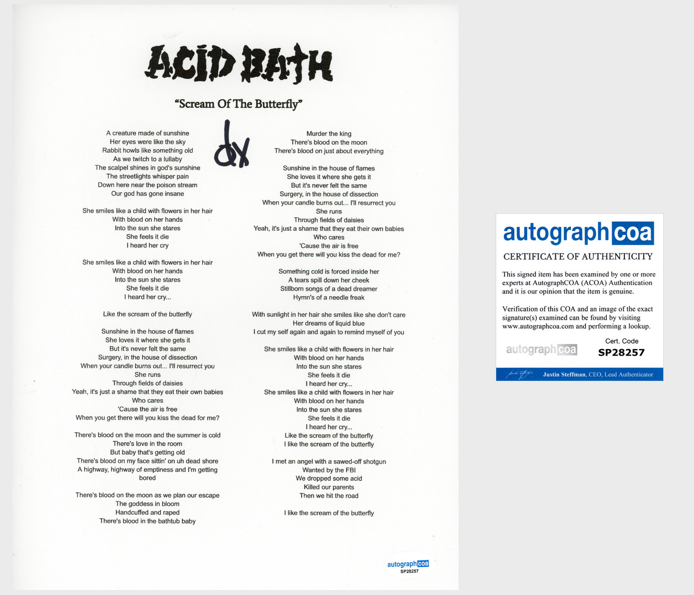 Dax Riggs 'Acid Bath' Band Signed Lyric Sheet 'Scream Of The Butterfly' ACOA