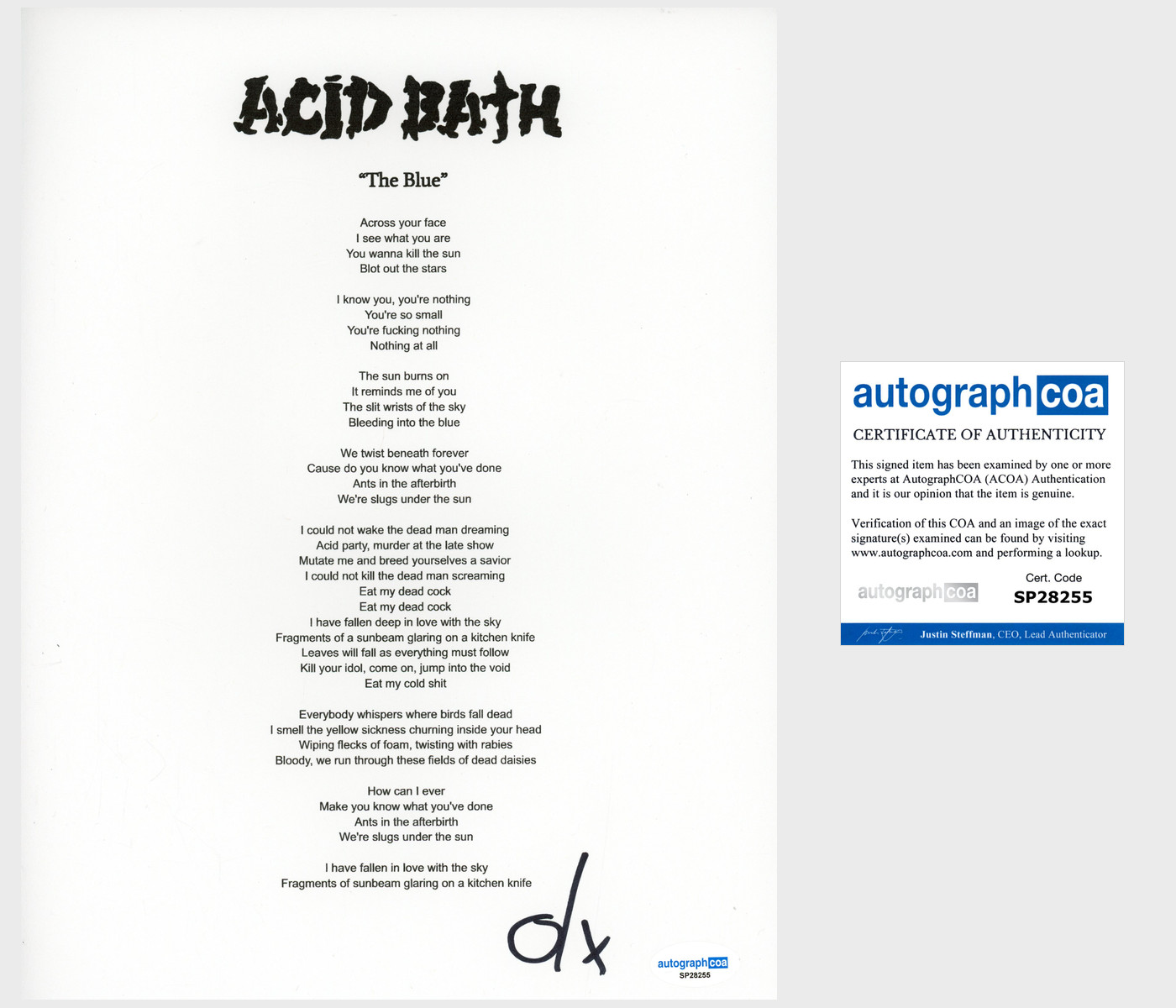 Dax Riggs 'Acid Bath' Band Signed Lyric Sheet 'The Blue' ACOA