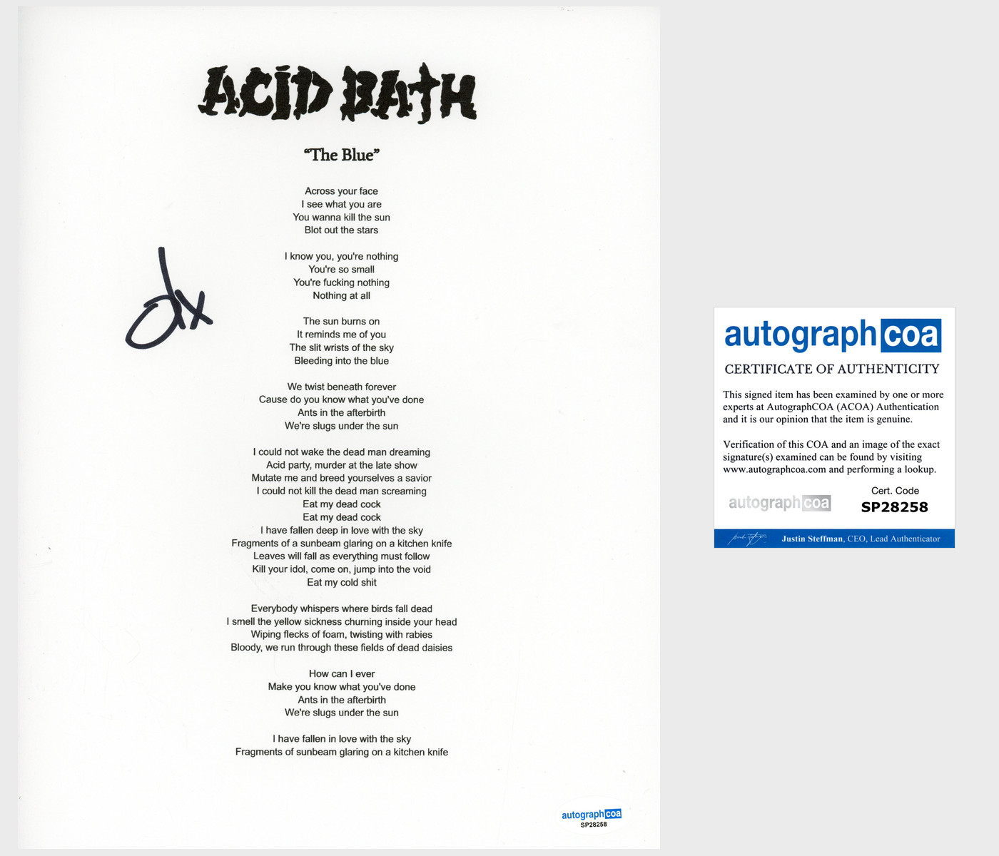Dax Riggs 'Acid Bath' Band Signed Lyric Sheet 'The Blue' ACOA