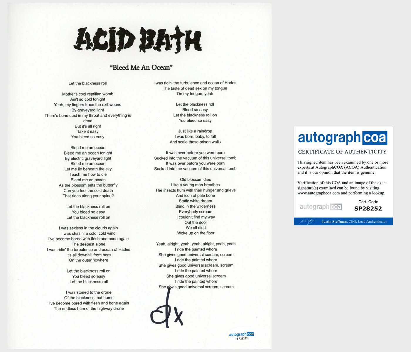 Dax Riggs 'Acid Bath' Band Signed Lyric Sheet 'Bleed Me An Ocean' ACOA