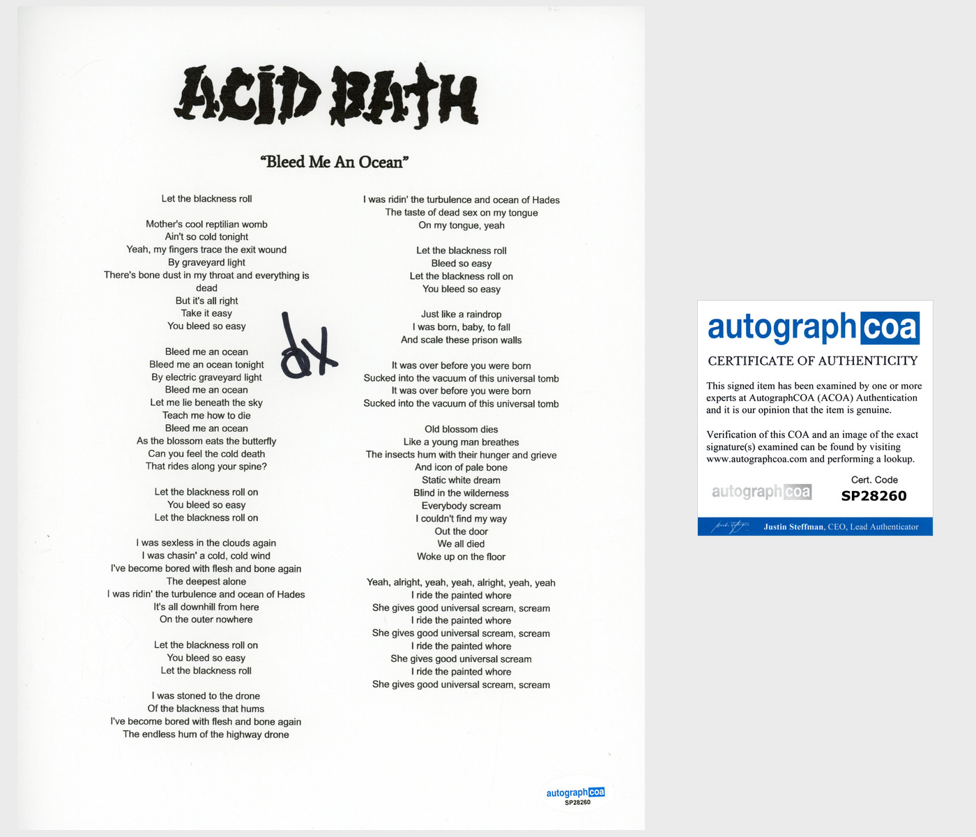 Dax Riggs 'Acid Bath' Band Signed Lyric Sheet 'Bleed Me An Ocean' ACOA