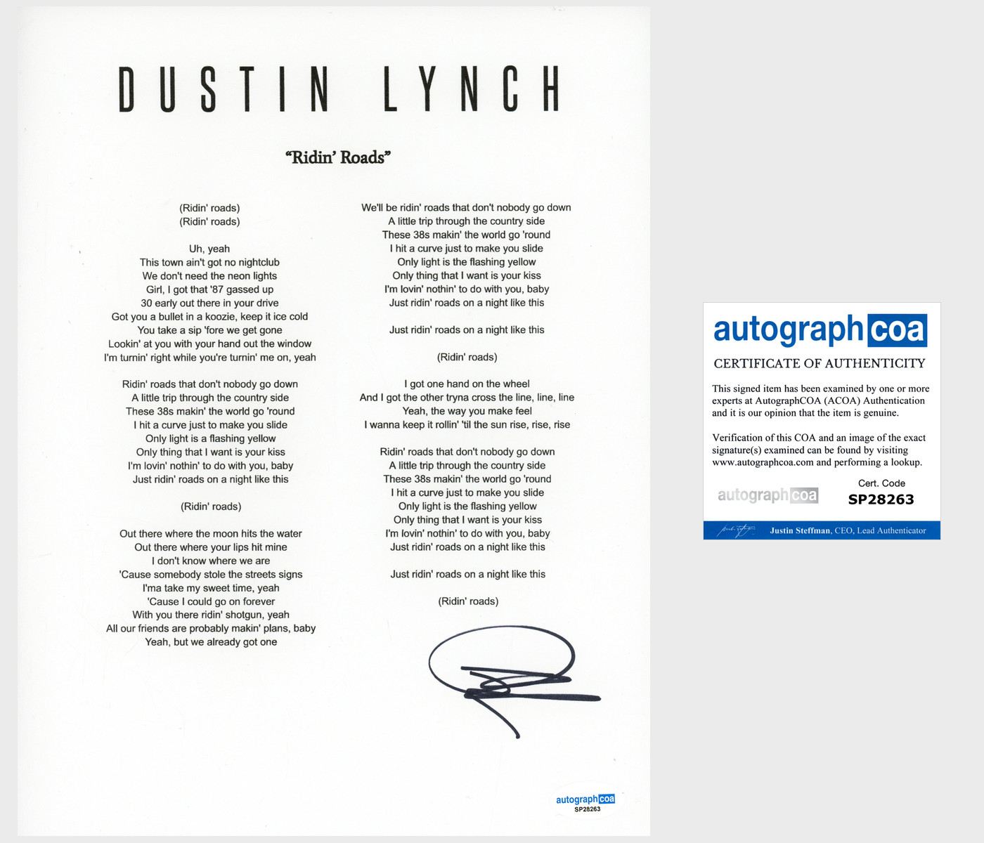 'Dustin Lynch' Country Star Signed Lyric Sheet 'Ridin' Roads' ACOA