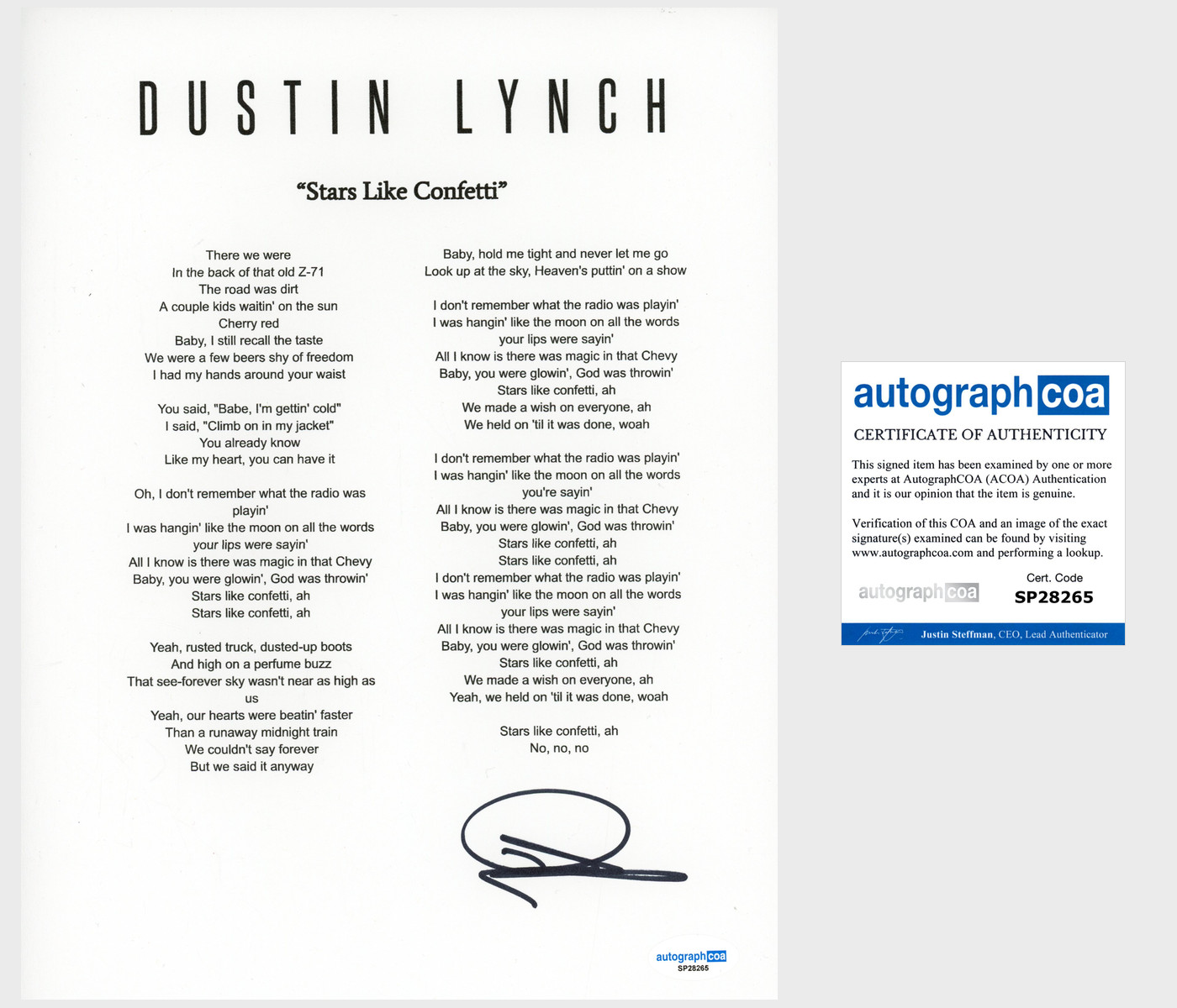 'Dustin Lynch' Country Star Signed Lyric Sheet 'Stars Like Confetti' ACOA