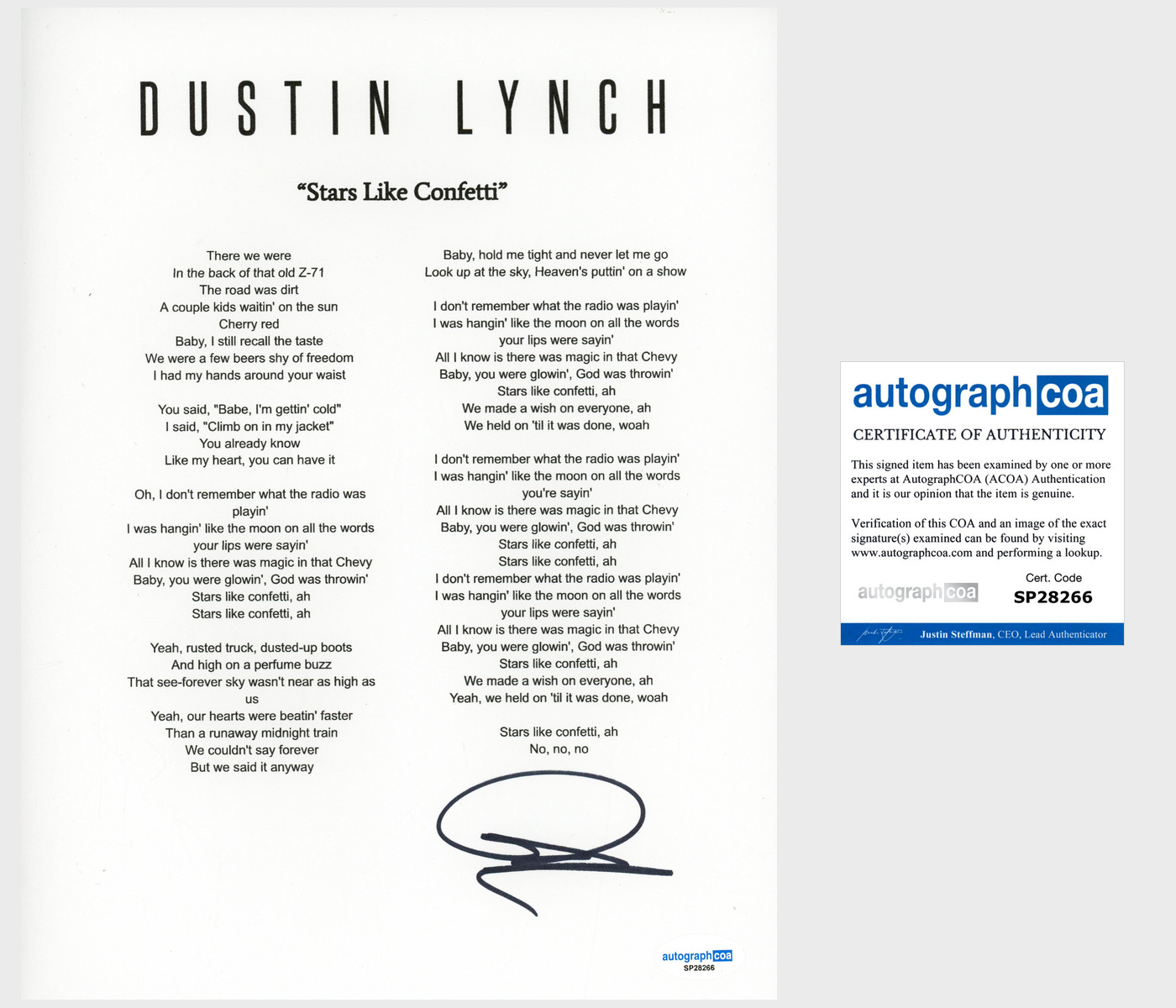 'Dustin Lynch' Country Star Signed Lyric Sheet 'Stars Like Confetti' ACOA
