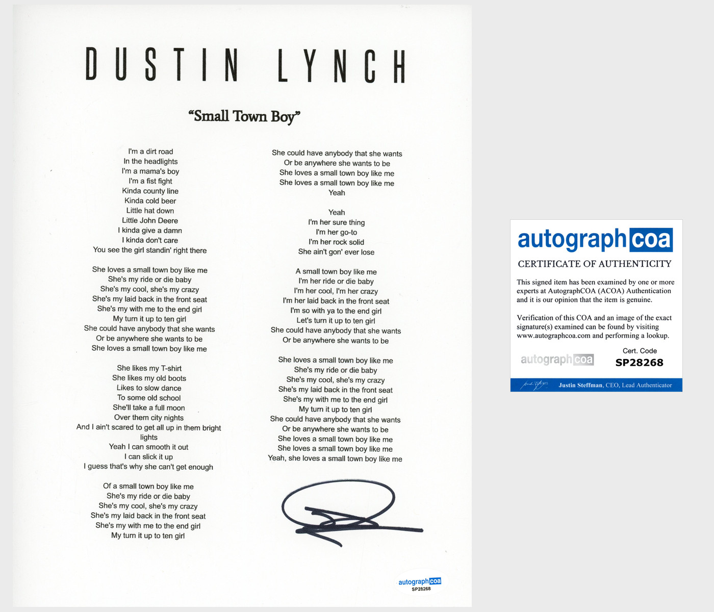 'Dustin Lynch' Country Star Signed Lyric Sheet 'Small Town Boy' ACOA