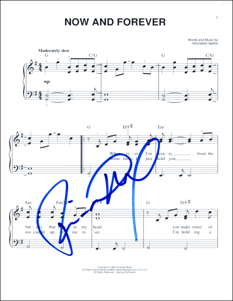 Richard Marx Signed Autograph Now and Forever Sheet Music - Paid Vacation