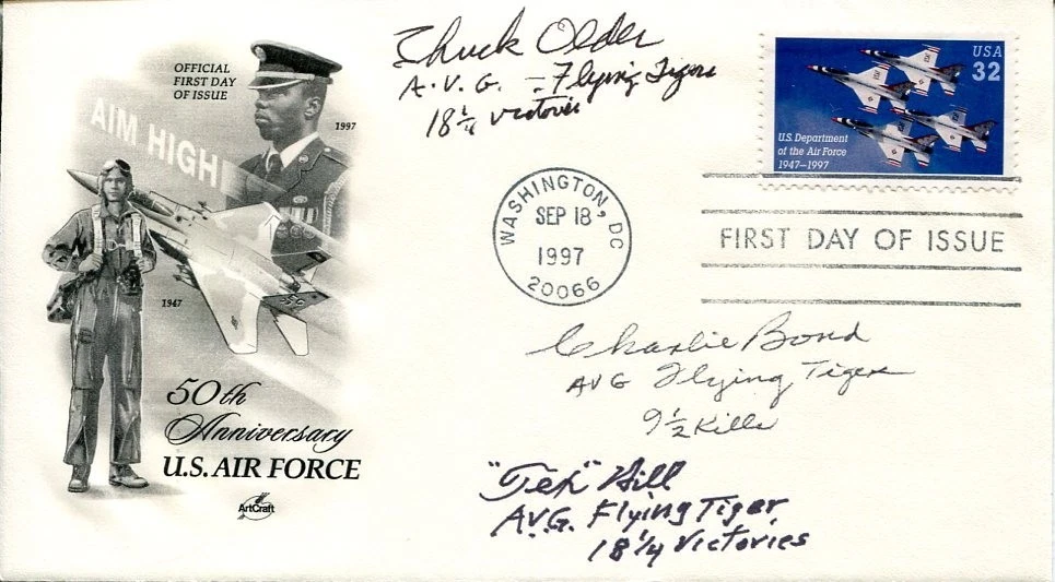 Charles Older Charlie Bond Tex Hill Flying Tigers WWII War Ace Signed Autograph
