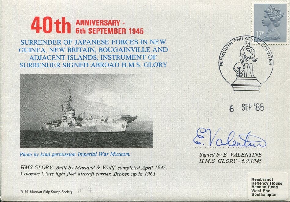 E. Valentine WWII War HMS Glory Japanese Forces Surrender Signed Autograph