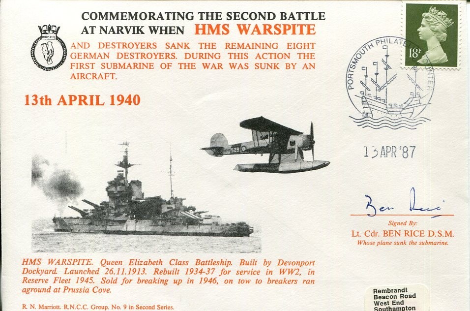 Lt Cdr Ben Rice DSM WWII War Swordfish Pilot HMS Warspite Signed Autograph