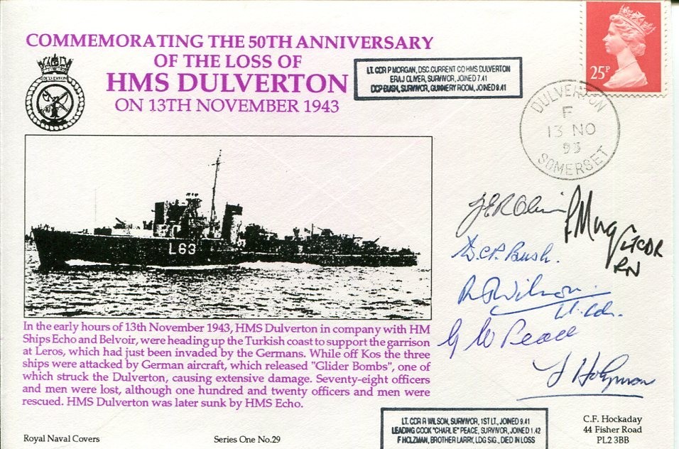 HMS Dulvverton Crew Survivors WWII War Veterans Signed By 6 Autograph