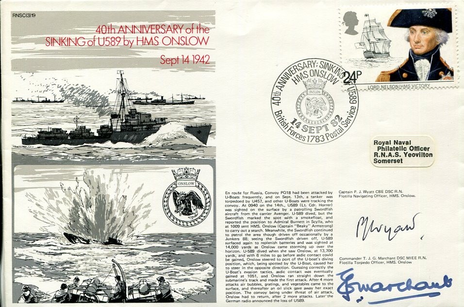 Captain P J Wyatt Commander T J G Marchant HMS Onslow WWII War Signed Autograph