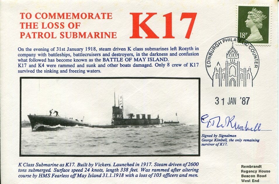 George Kimbell K17 Submarine Survivor Battle May Island WWI War Signed Autograph