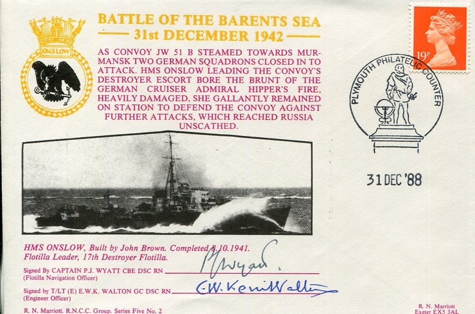Captain P. J. Watt E. W. K. Walton HMS Onslow Barents WWII War Signed Autograph
