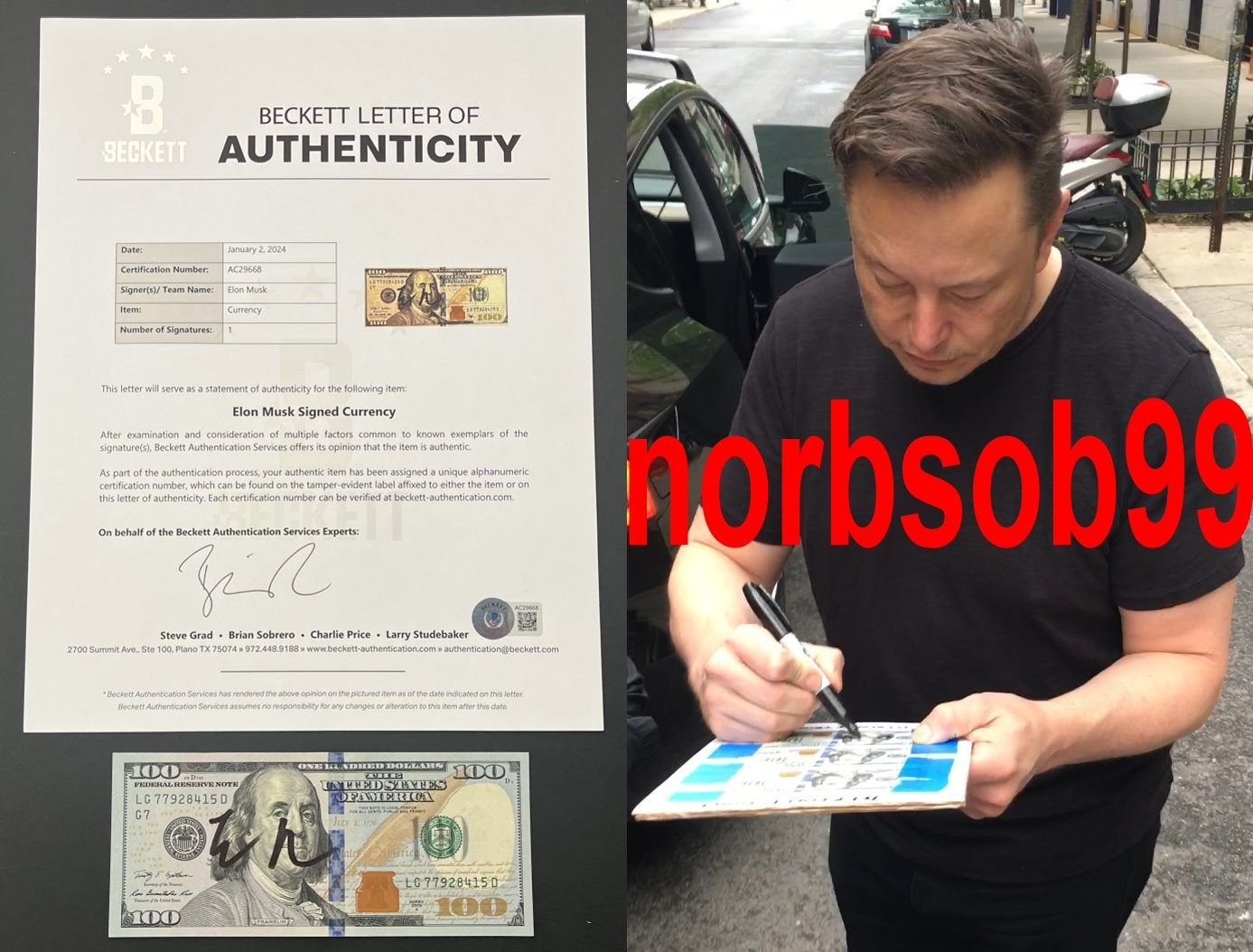 ELON MUSK SPACEX TESLA SIGNED $100 DOLLAR BILL w/EXACT VIDEO PROOF & BECKETT COA