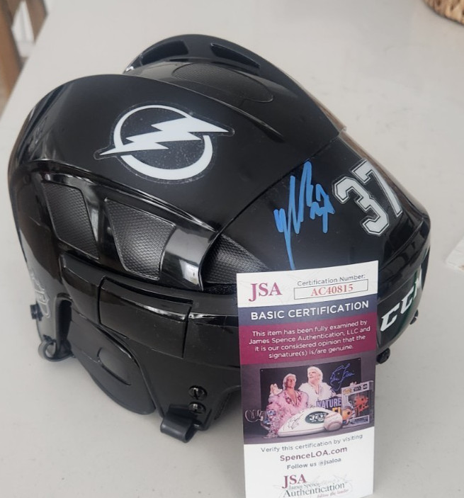 Yanni Gourde Signed Full-Size Hockey Helmet JSA COA #AC40815 Tampa Bay Lightning