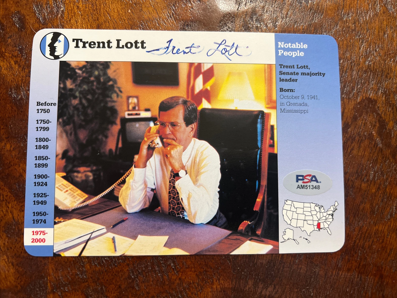 Trent Lott Signed Story of America History Card Notable People PSA DNA Coa