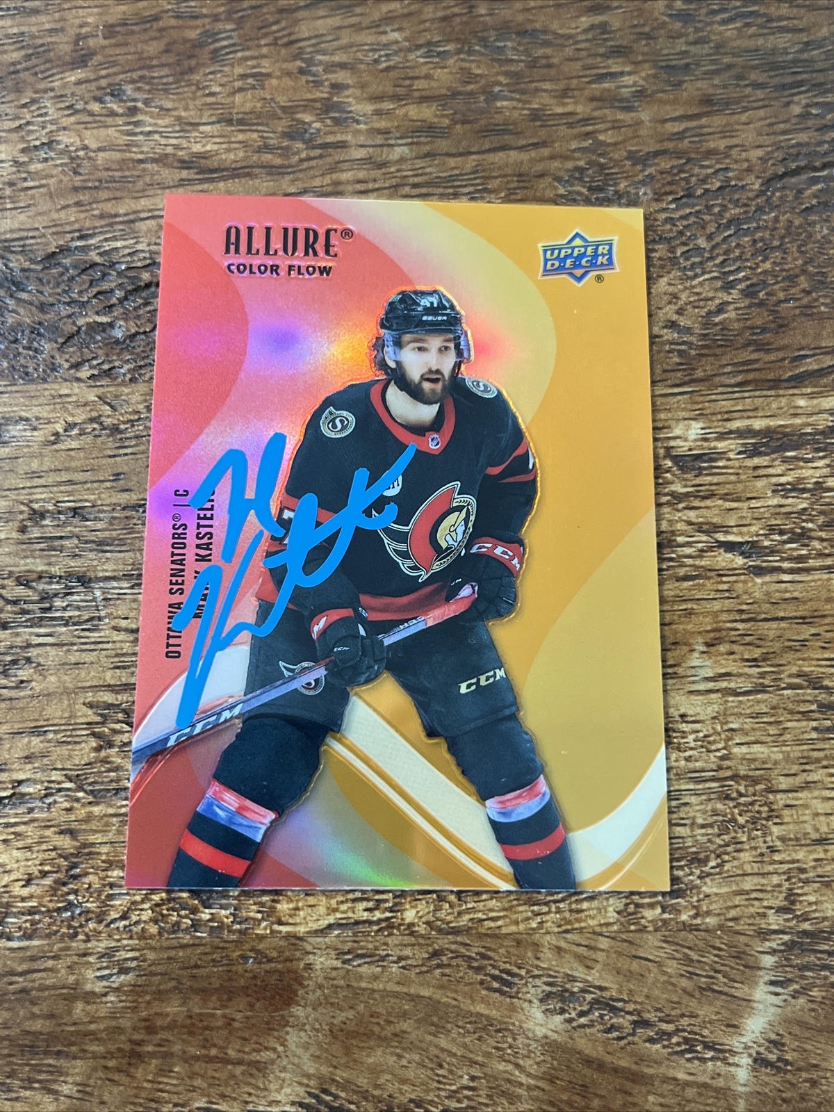 Mark Kastelic IP Signed 2022-23 UD Allure Color Flow Red-Orange RC Card Senators