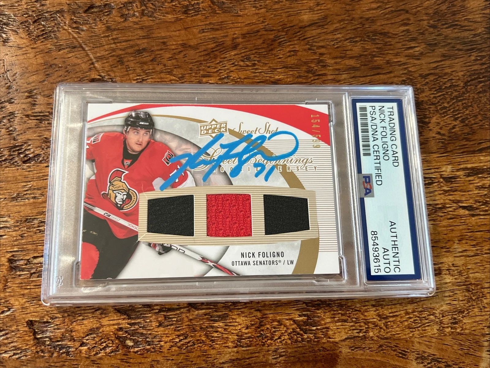 Nick Foligno IP Signed UD Sweet Shot Relic RC Card PSA DNA Slab Senators Auto