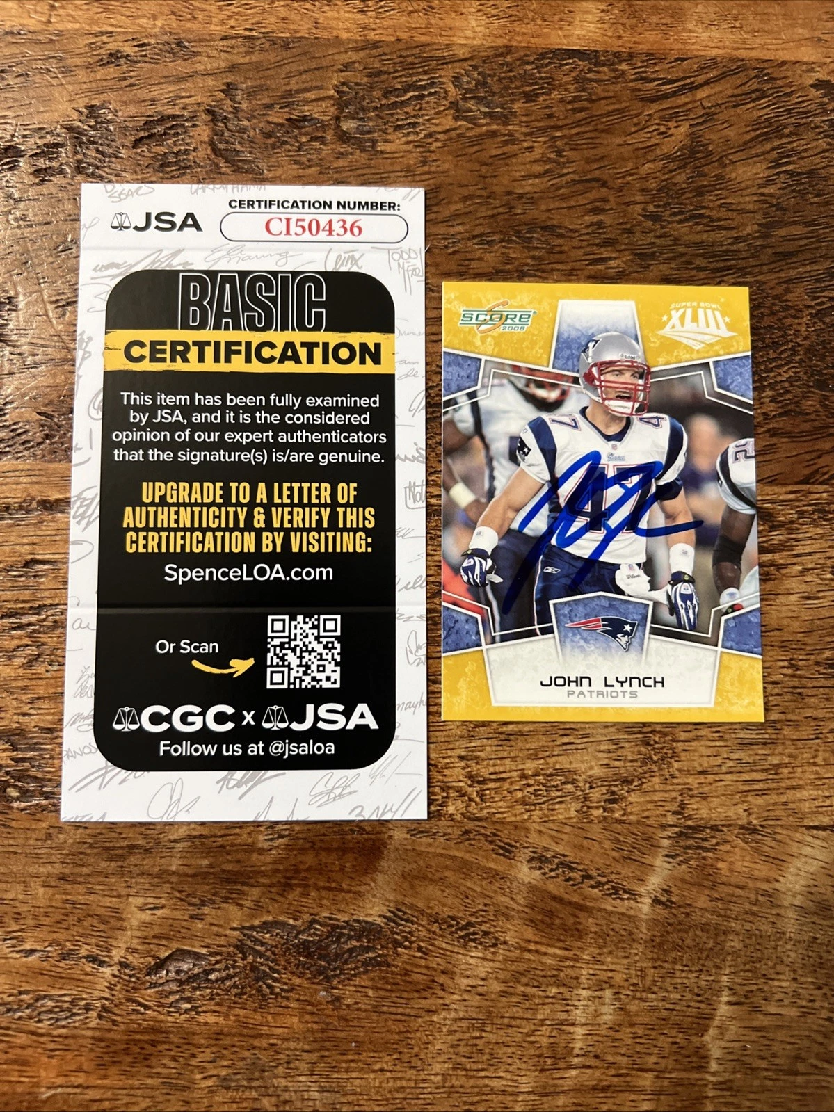 John Lynch IP Signed Score Super Bowl Card JSA Coa Patriots Autographed