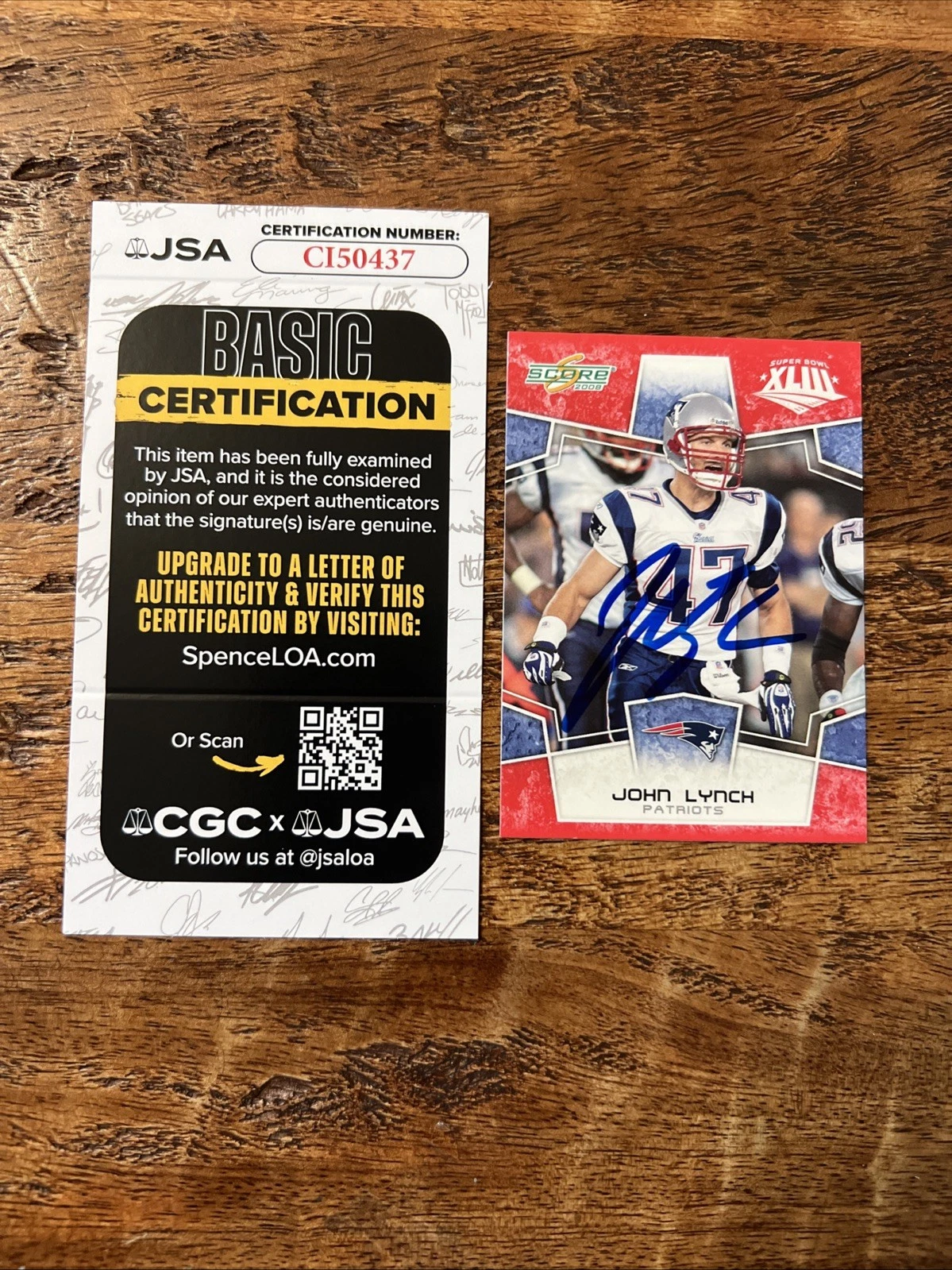 John Lynch IP Signed Score Super Bowl Card JSA Coa Patriots Autographed