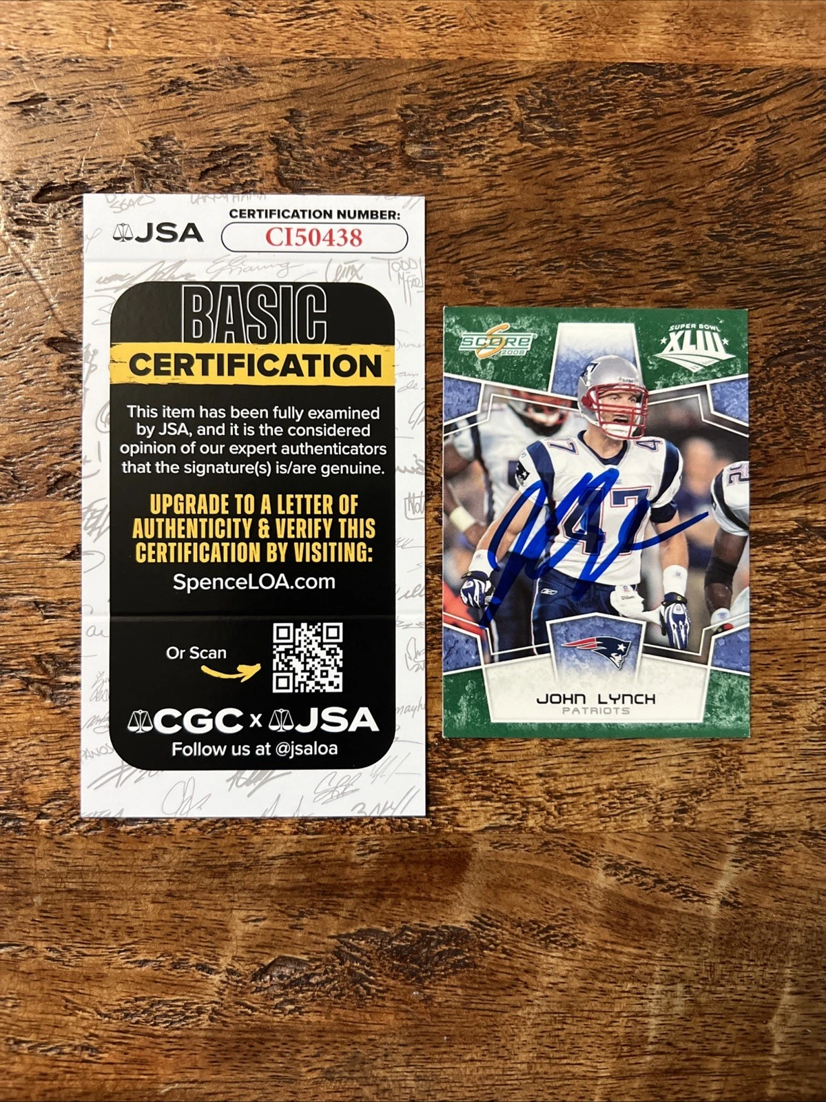 John Lynch IP Signed Score Super Bowl Card JSA Coa Patriots Autographed