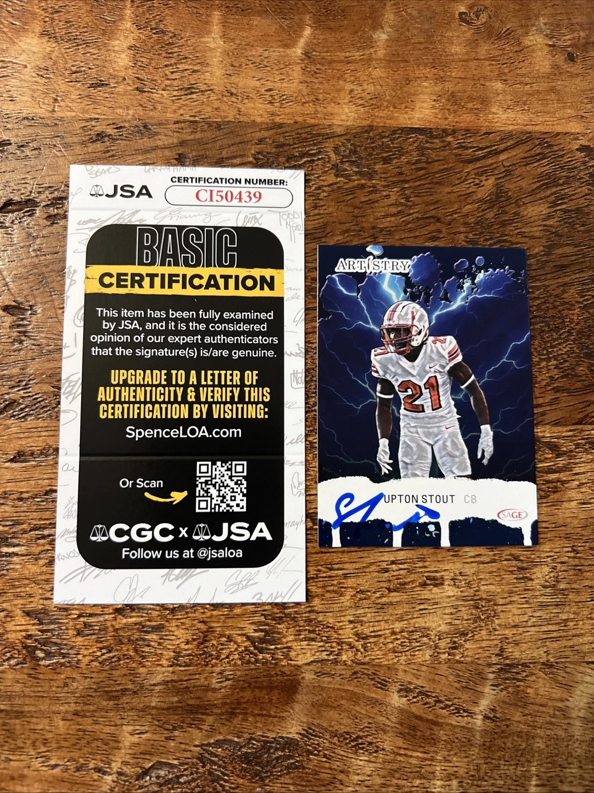 Upton Stout IP Signed Sage Rookie Card JSA Coa 49ers Autographed