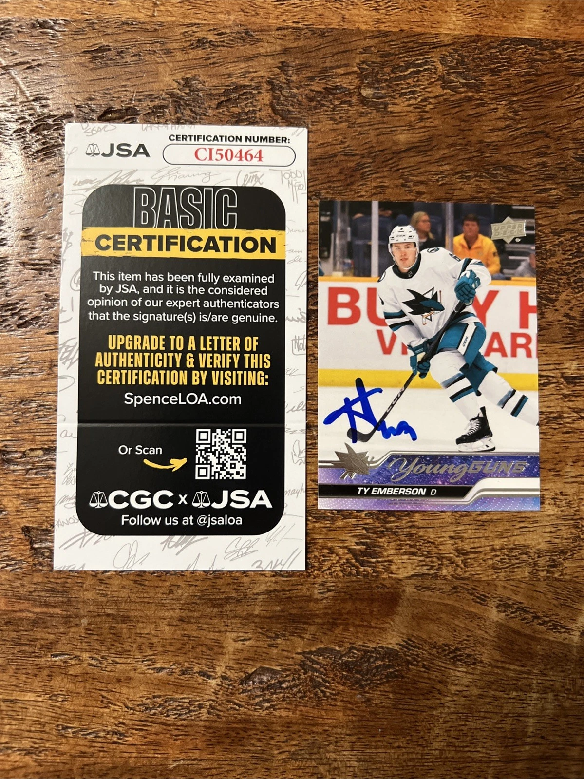 Ty Emberson IP Signed Upper Deck Young Guns Card JSA Coa Sharks Autographed