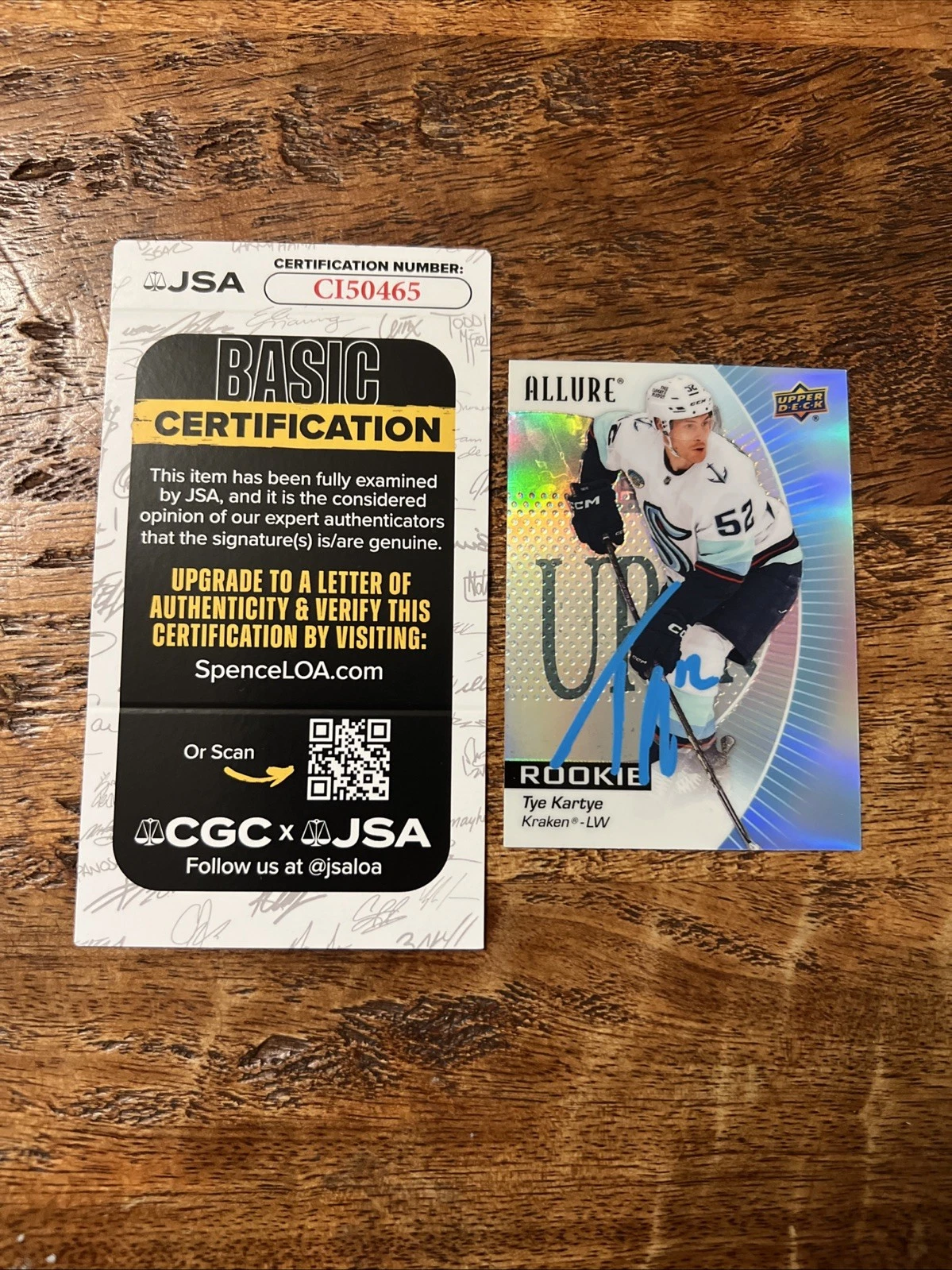Tye Kartye IP Signed Upper Deck Allure Rookie Card JSA Coa Kraken Autographed