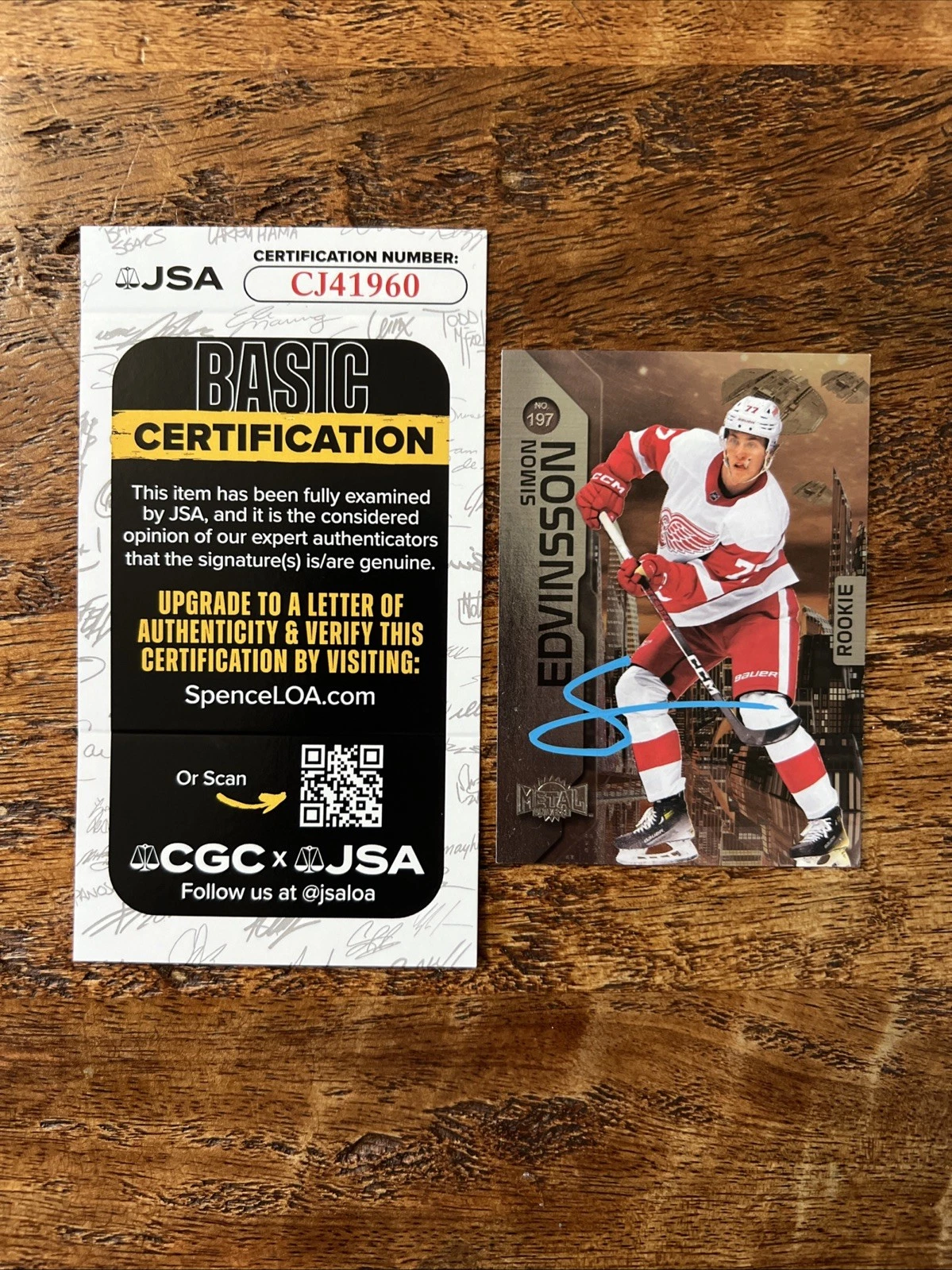 Simon Edvinsson IP Signed Skybox Metal RC Card JSA Coa Red Wings Autographed