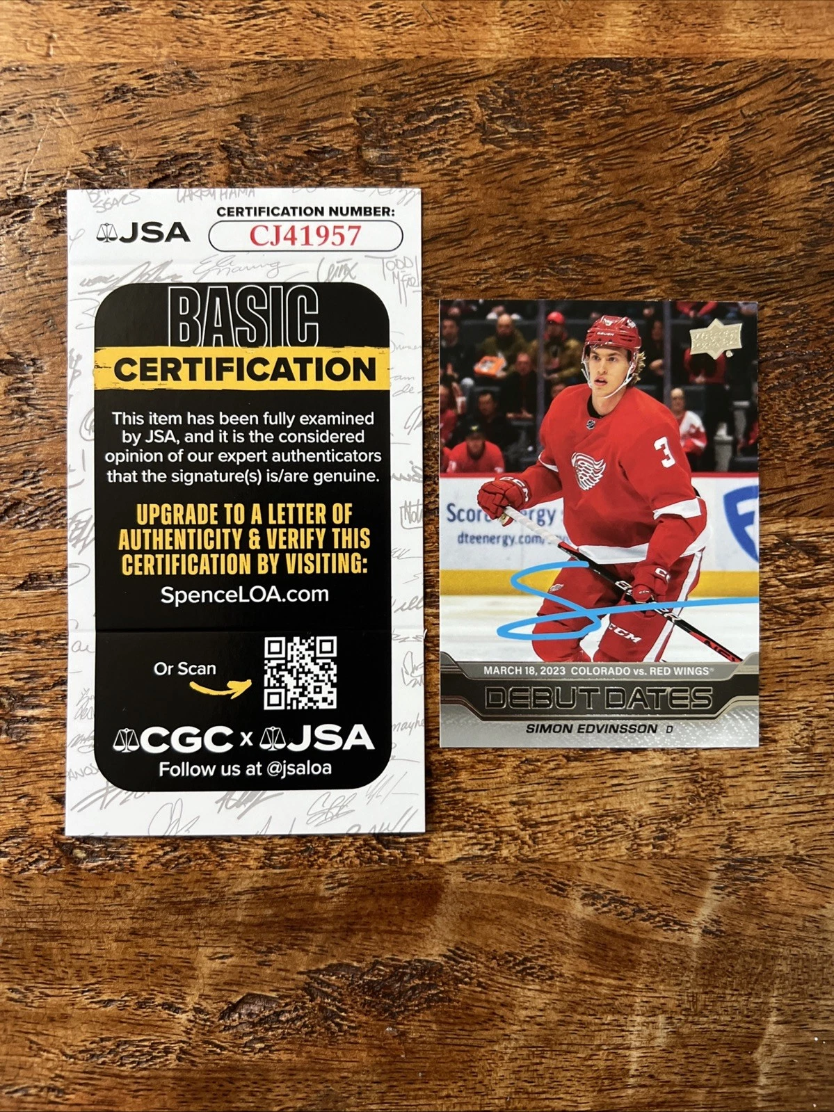 Simon Edvinsson IP Signed Upper Deck RC Card JSA Coa Red Wings Autographed