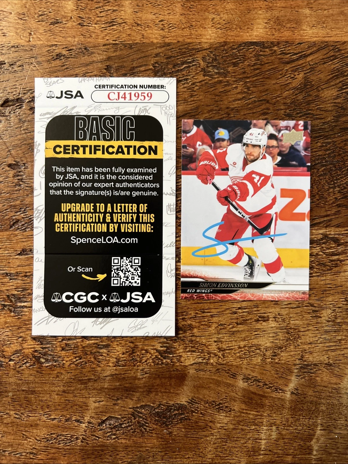 Simon Edvinsson IP Signed Upper Deck Card JSA Coa Red Wings Autographed