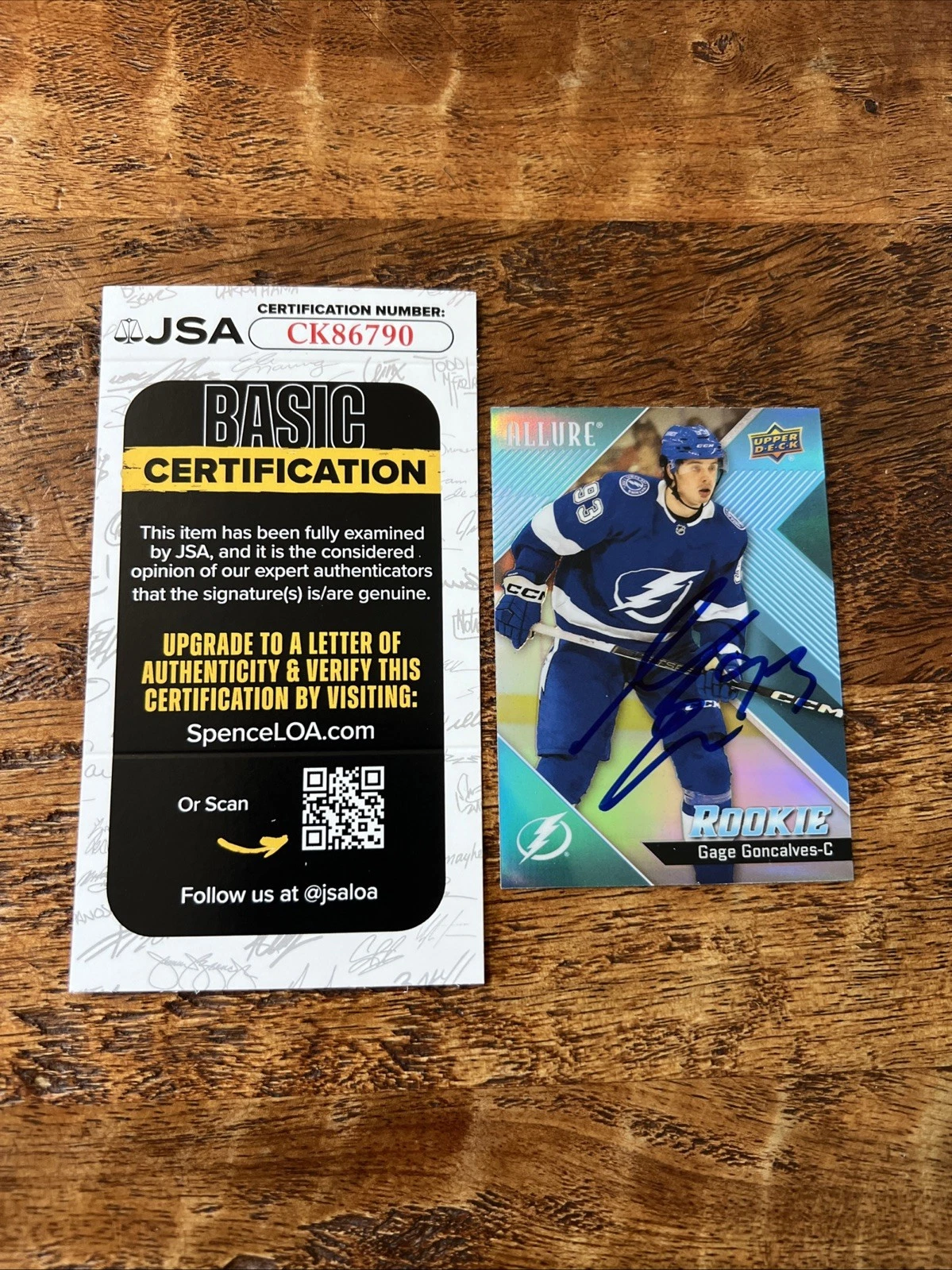 Gage Goncalves IP Signed UD Allure Rookie Card JSA Coa Lightning Autographed