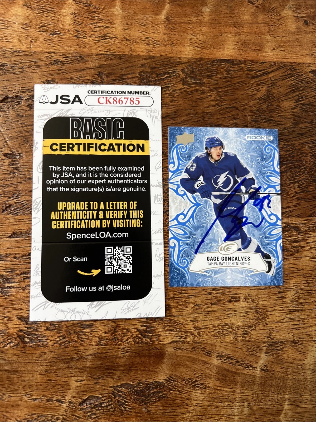 Gage Goncalves IP Signed UD Ice Rookie Card JSA Coa Lightning Autographed
