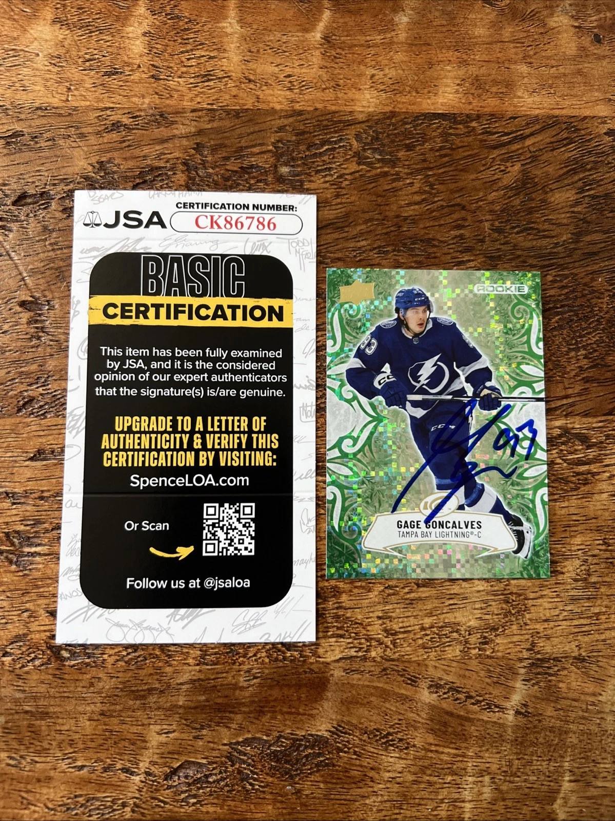 Gage Goncalves IP Signed UD Ice Rookie Card JSA Coa Lightning Autographed