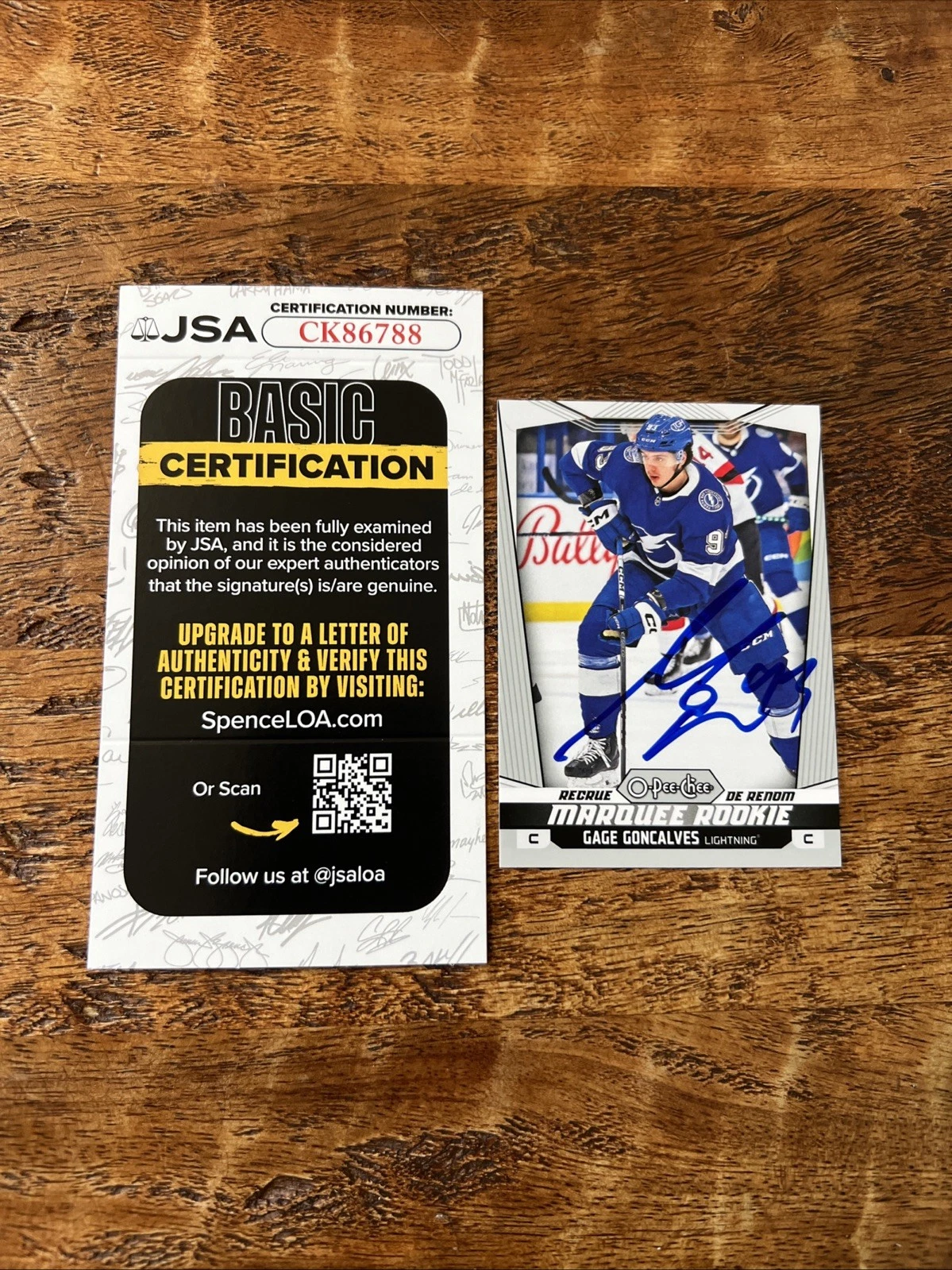 Gage Goncalves IP Signed O Pee Chee Rookie Card JSA Coa Lightning Autographed