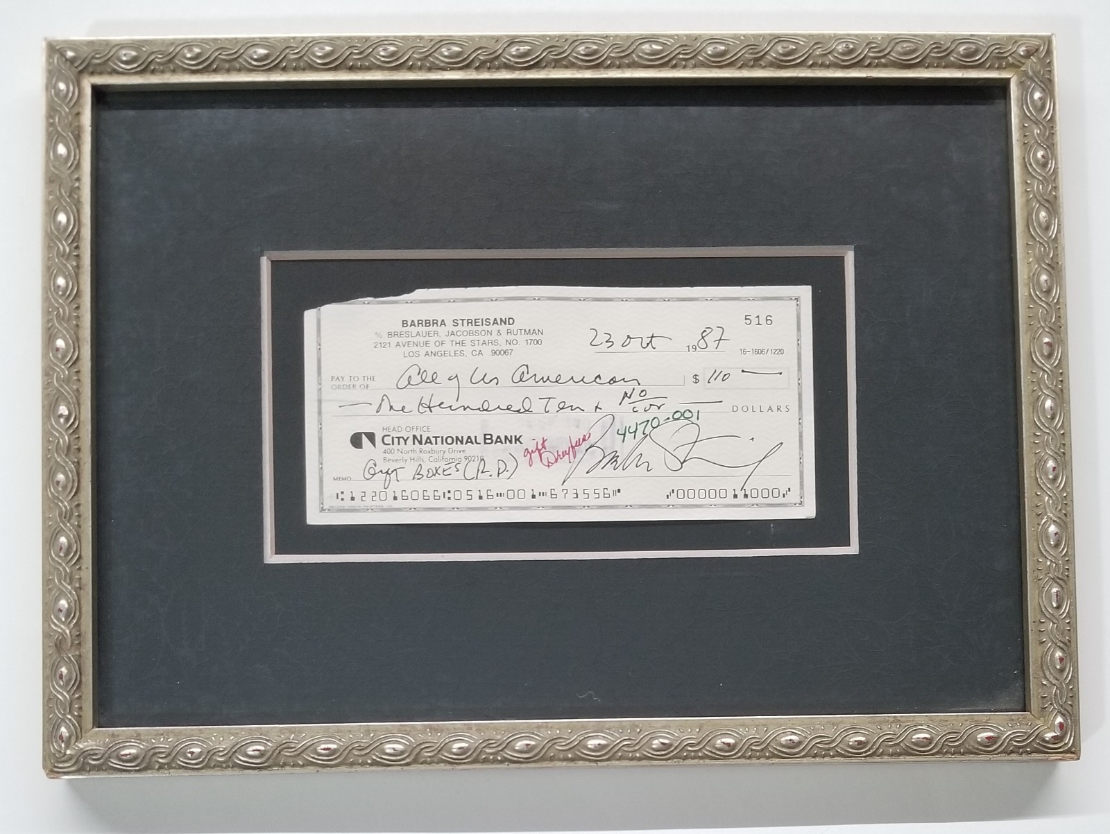 Barbra Streisand SIGNED Matted & Framed Personal Check JSA LOA Autographed RARE
