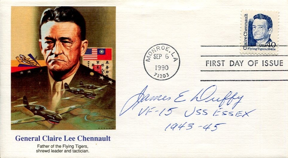James E. Duffy WWII War Ace Fighter Pilot VF-15 USS Essex Signed Autograph FDC